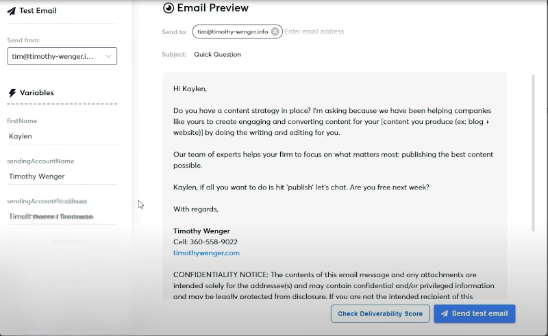 An example of an email message in Instantly ai