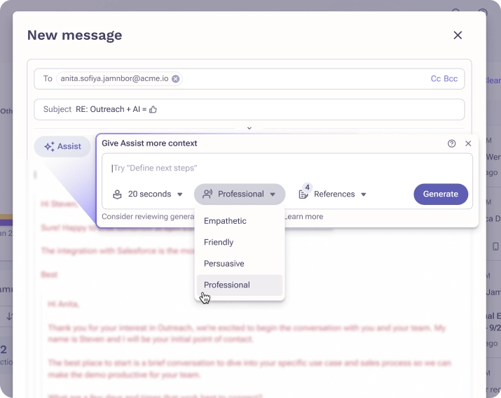 Adjusting tone in a message in Outreach.io