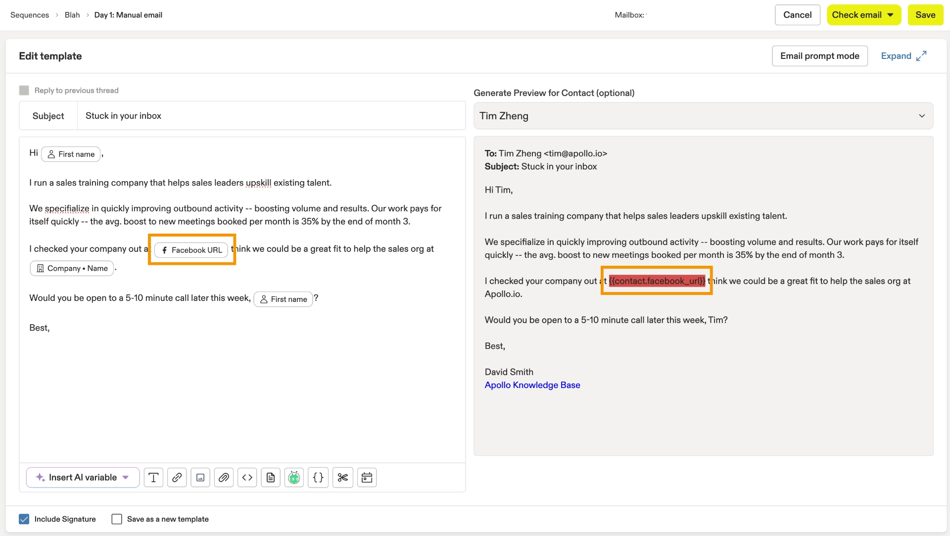 Dynamic variables in Apollo emails