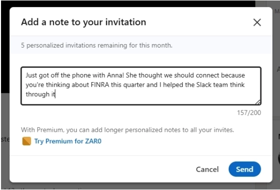 An example of a personalized connection request