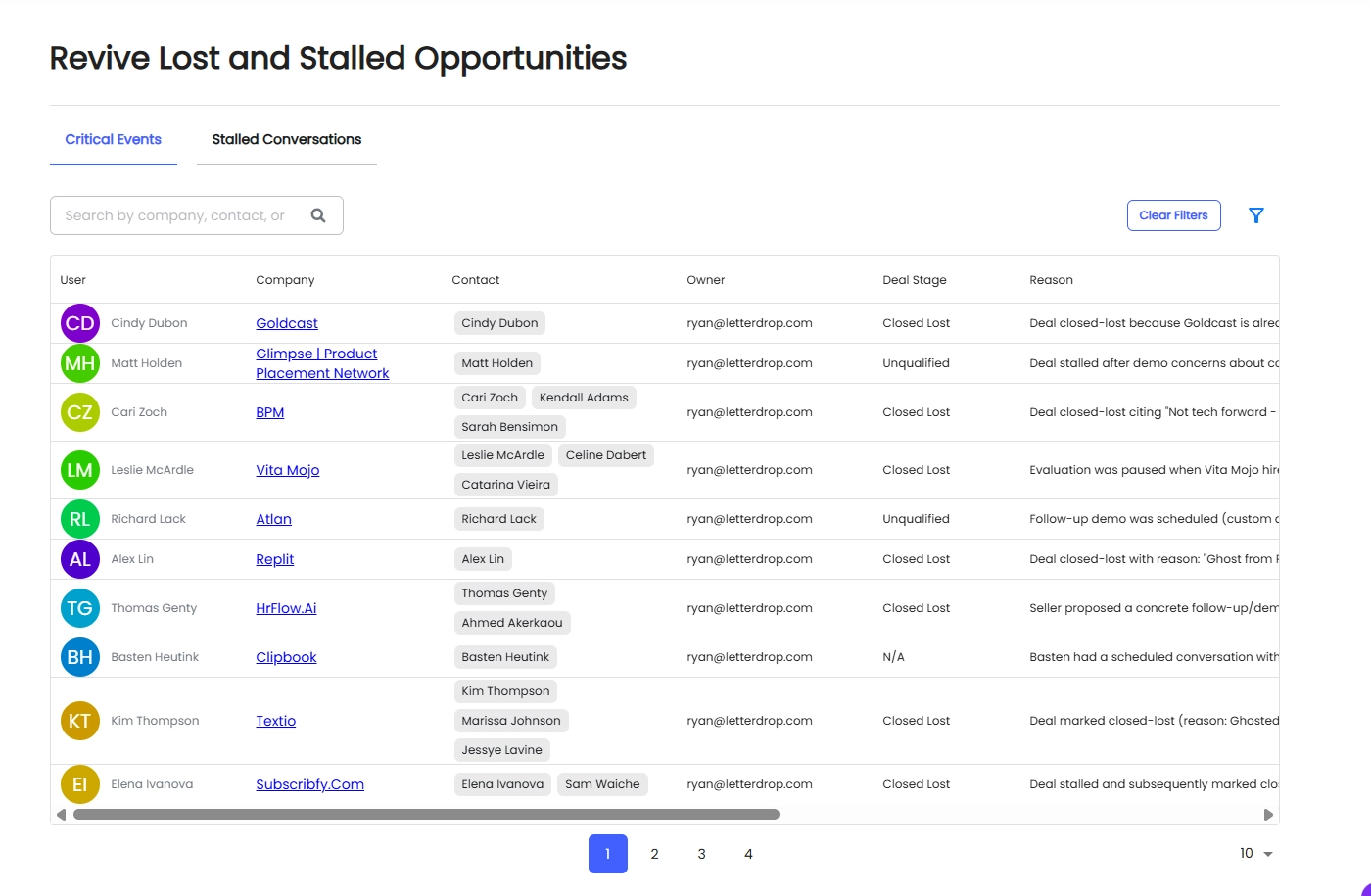 Flagging stalled deals is automatic in Letterdrop, including reason, when to reach out, and more