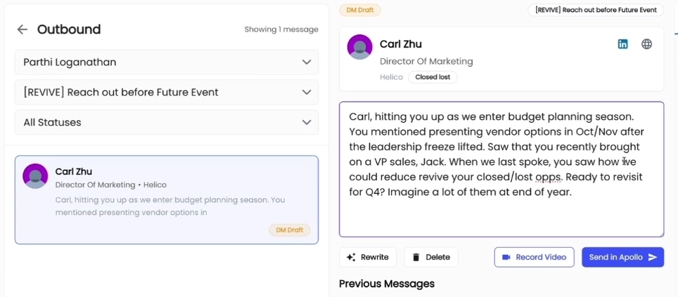 Automatic messaging for closed-lost, with context