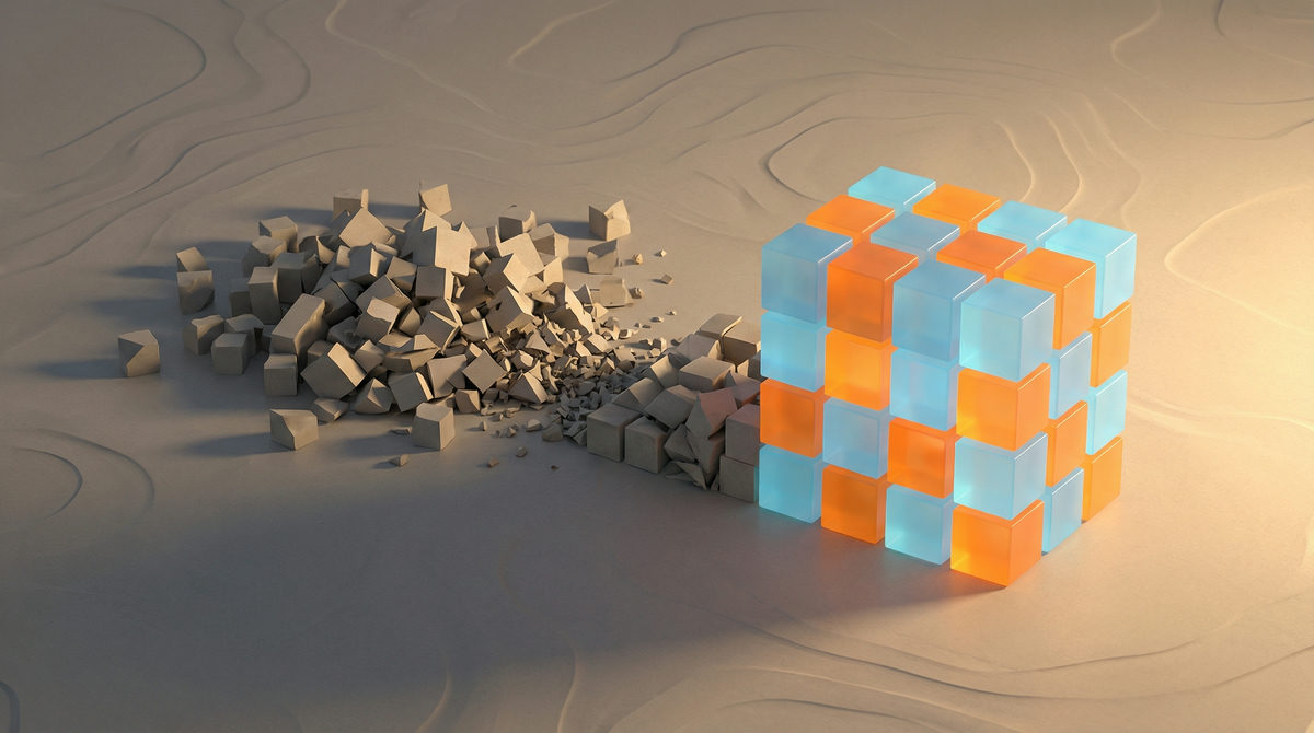 Abstrakcyjna struktura bloków reprezentująca hierarchię kampanii reklamowych Google Ads.