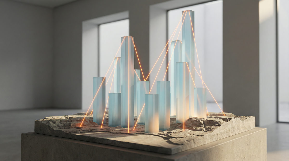 Abstrakcyjne porównanie ekosystemów technologicznych za pomocą kół zębatych i cyfrowych węzłów na tle mapy topograficznej