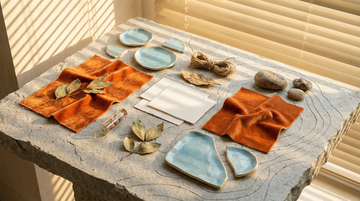 Biurko managera marketingu z laptopem, próbkami tkanin i sprzętem do nagrywania.