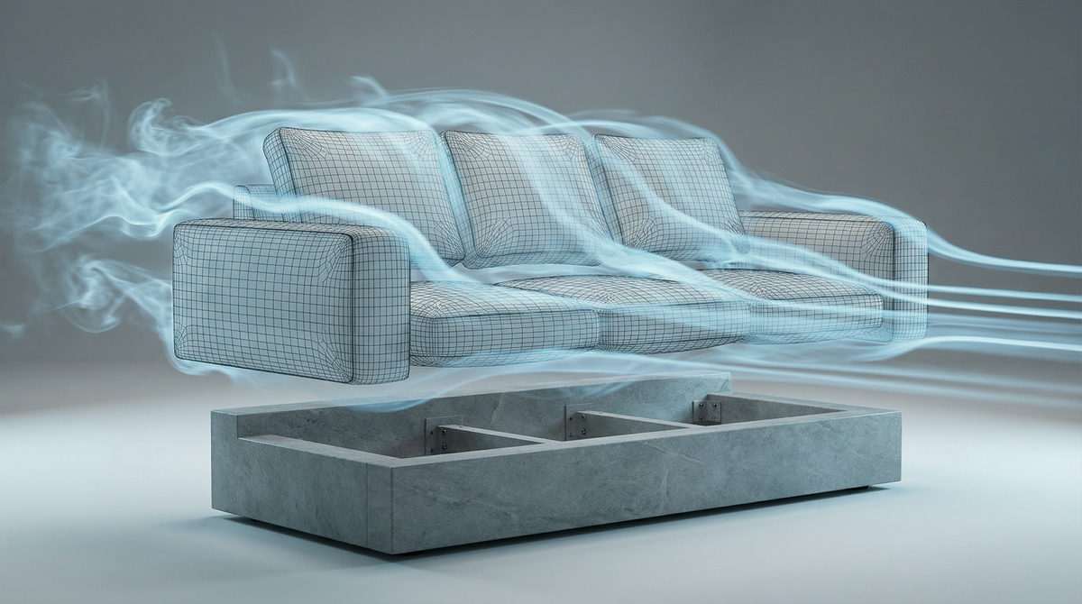 Koncepcja wyszukiwania wizualnego i rozszerzonej rzeczywistości z nowoczesną sofą i nakładką danych