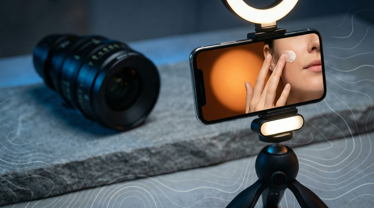 Wykresy wzrostu sprzedaży e-commerce połączone z teksturami produktów kosmetycznych