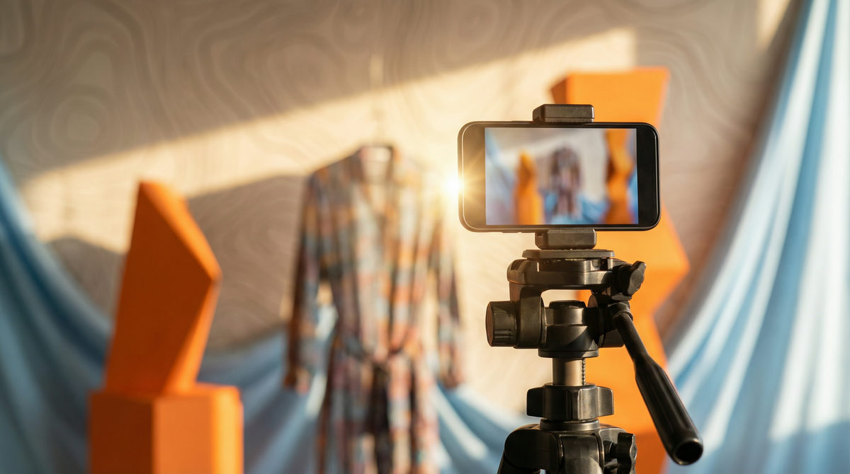 Rosnący wykres świetlny wyłaniający się ze stosu ubrań, symbolizujący wysoki zwrot z inwestycji ROAS.