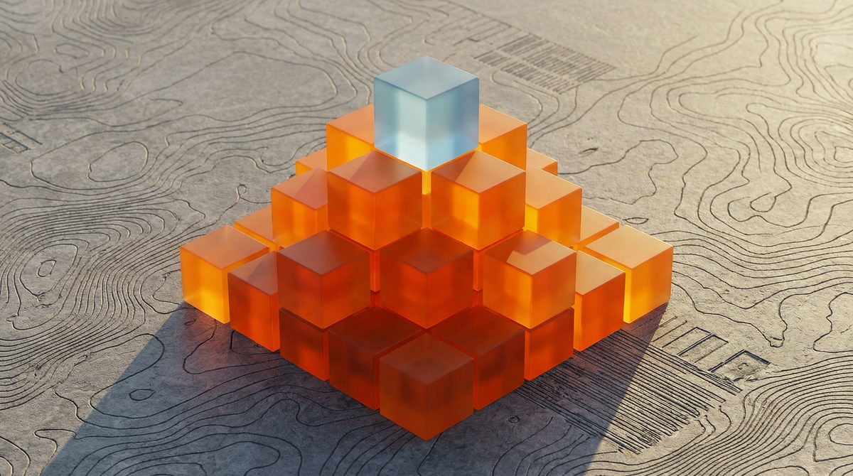 Abstrakcyjna wizualizacja cyfrowej reklamy wideo, element z matowego szkła otoczony pomarańczowymi liniami energetycznymi symbolizującymi dystrybucję.