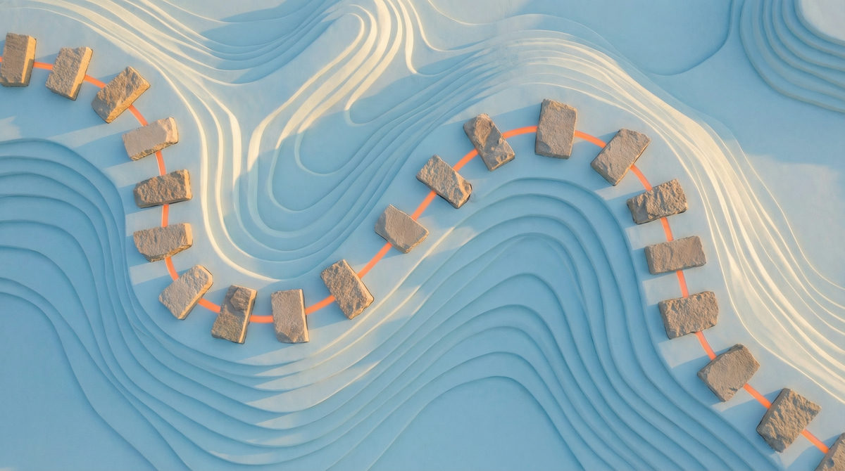 Koncepcyjna wizualizacja planu krok po kroku z kamiennymi elementami na błękitnym tle topograficznym.