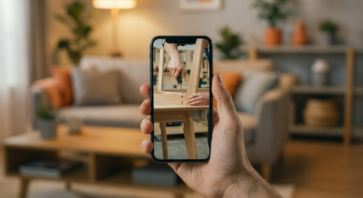 Smartfon wyświetlający wideo UGC z montażem mebli na tle nowoczesnego salonu.