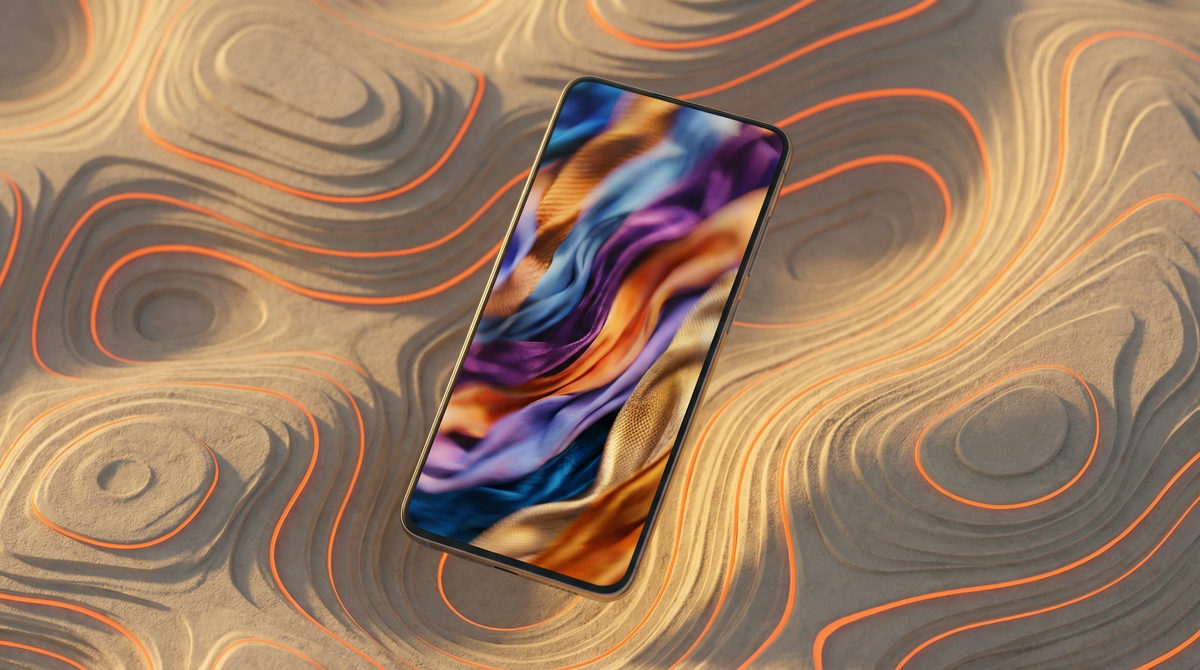 Artystyczne przedstawienie ekranu telefonu wyświetlającego dynamiczne treści wideo z tkaninami.