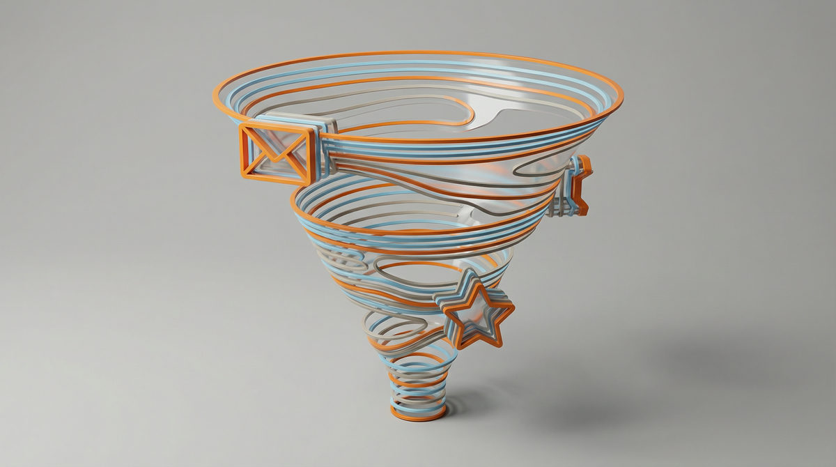 Minimalistyczny schemat lejka sprzedażowego z zaznaczonymi punktami styku w marketingu automatycznym.