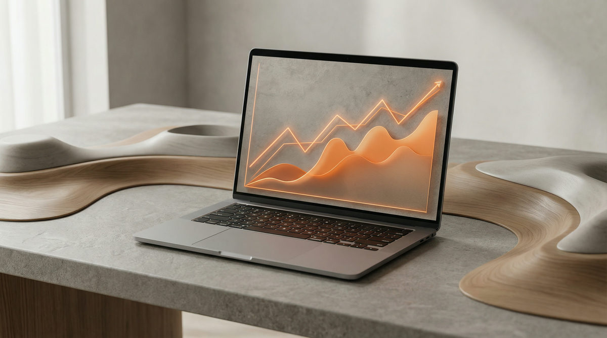 Laptop z wykresem analitycznym na biurku, obrazujący wzrost wyników dzięki narzędziom marketing automation.