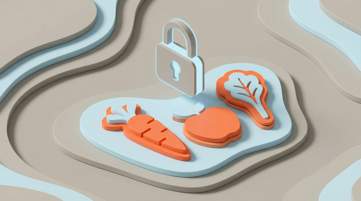 Ikona cyfrowej kłódki chroniąca świeżą żywność symbolizująca ochronę danych RODO w cateringu