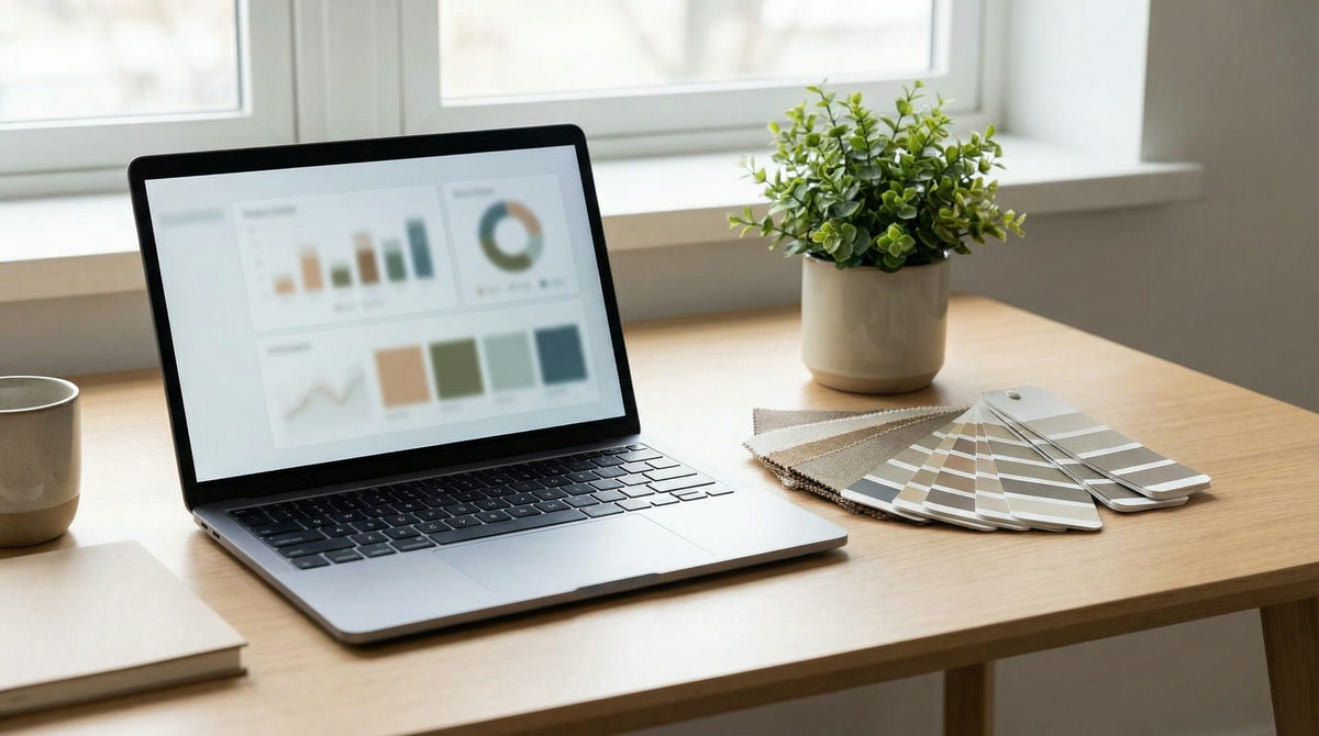 Laptop z otwartym panelem Shopify pokazujący integrację z Pinterestem, w otoczeniu elementów wystroju wnętrz.