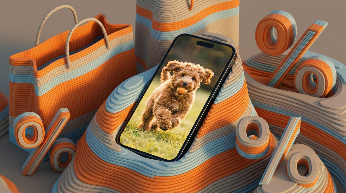 Smartfon wyświetlający wideo z psem oraz symbole zakupowe symbolizujące e-commerce w Q4
