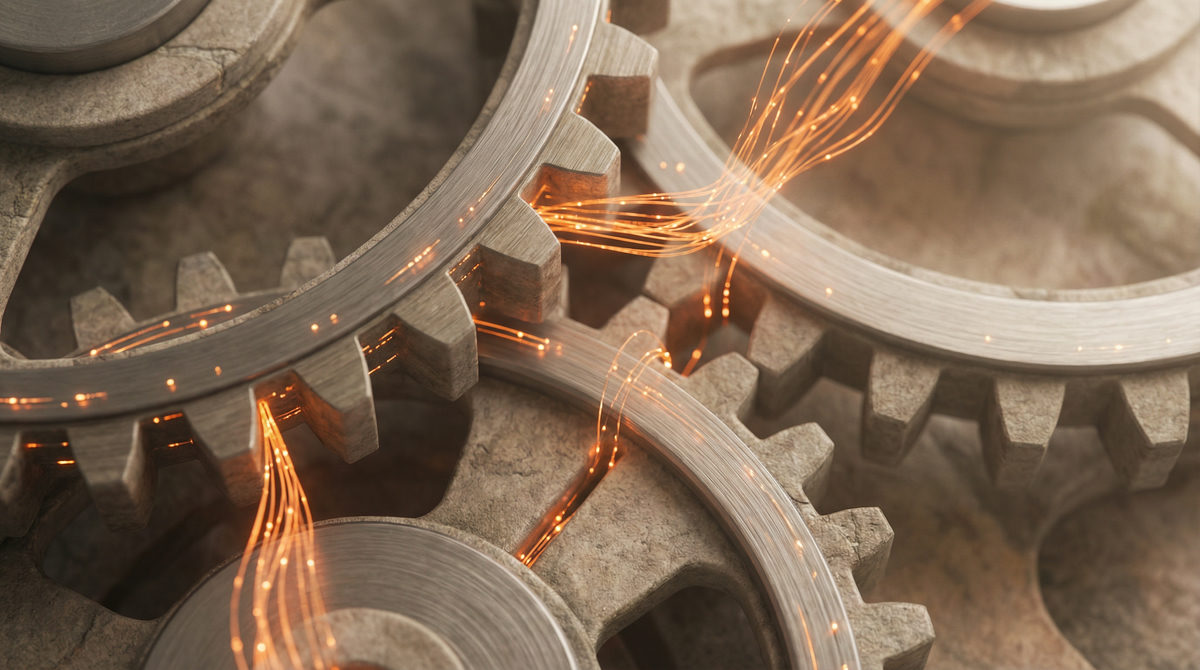 Zbliżenie na mechanizm zębatek łączących się z cyfrowym przepływem danych symbolizujące automatyzację marketingu