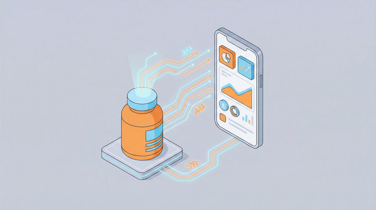 Izometryczna ilustracja ekosystemu cyfrowego łączącego suplementy diety z aplikacją lojalnościową na smartfonie