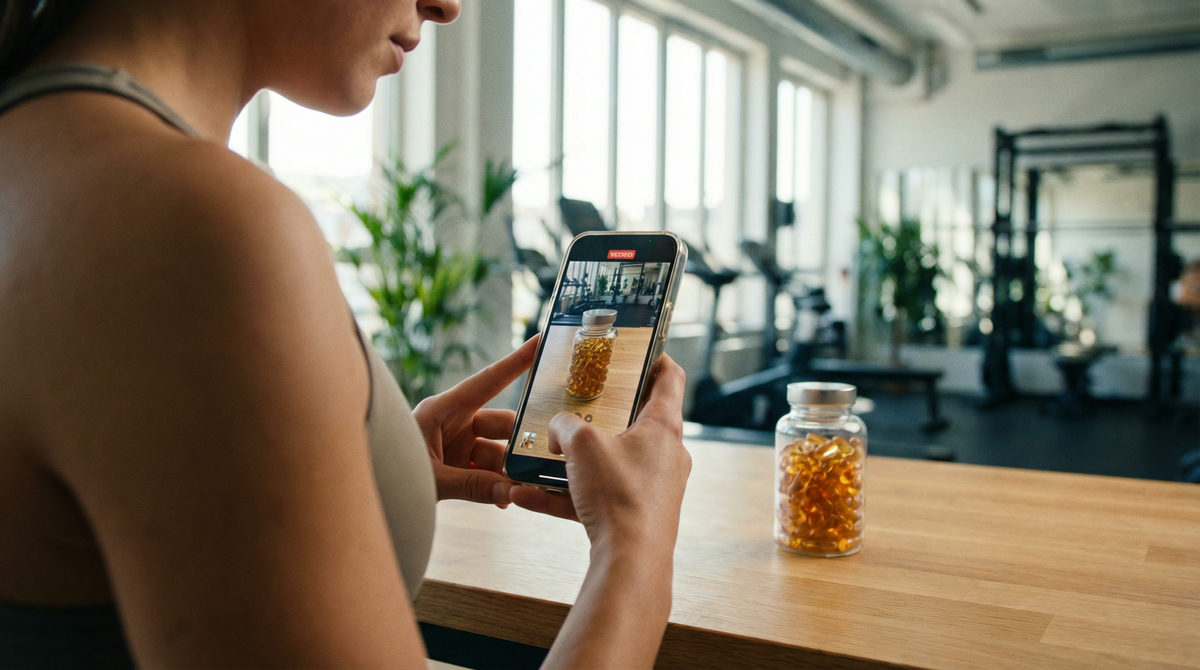 Osoba nagrywająca telefonem recenzję wideo suplementu diety na siłowni