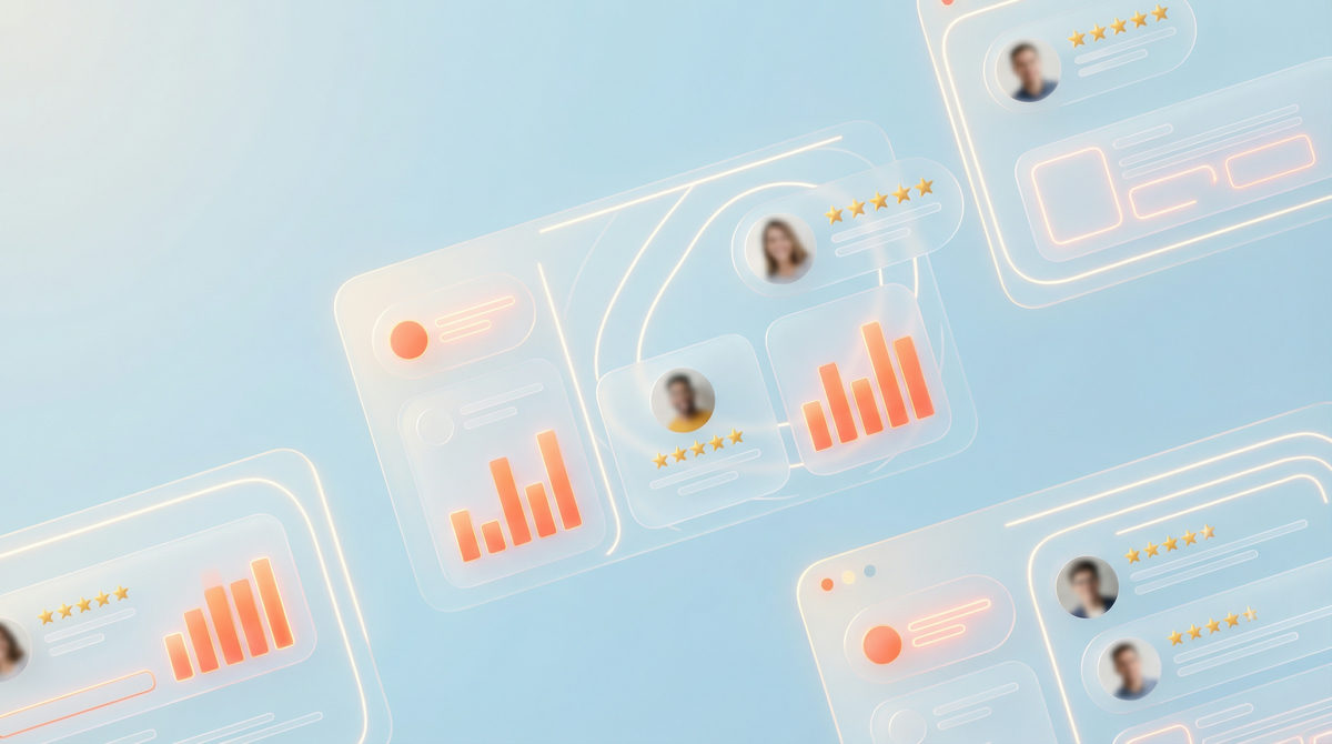 Wizualizacja integracji opinii klientów i zdjęć UGC z szablonami wiadomości email w nowoczesnym stylu.