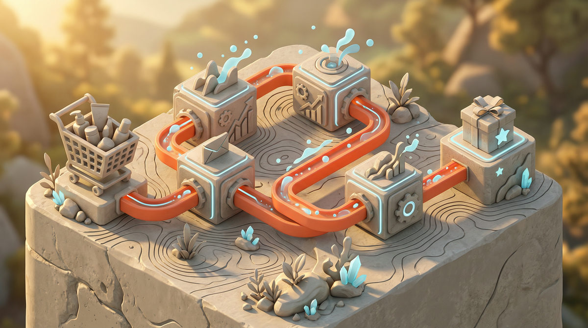 Schematyczna wizualizacja lejka automatyzacji marketingu dla produktów kosmetycznych w rzucie izometrycznym.