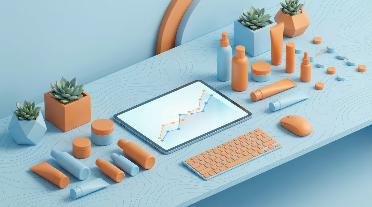 Stanowisko pracy marketera z wykresem wzrostu ROAS i produktami kosmetycznymi ułożonymi w uporządkowany sposób.