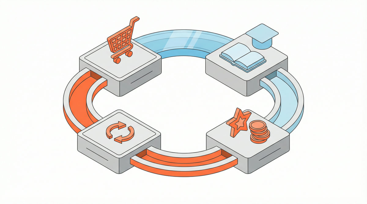 Schemat cyklu życia klienta w programie lojalnościowym pokazujący powtarzalne zakupy.