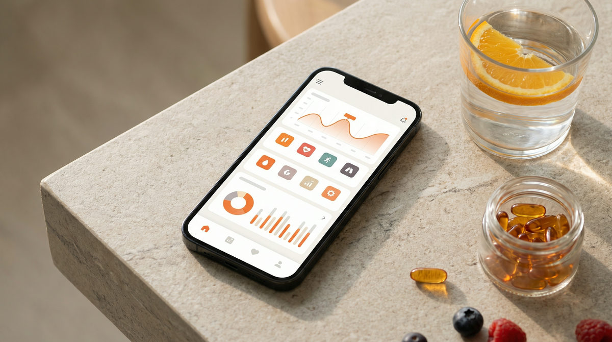 Smartfon z widoczną aplikacją lojalnościową w otoczeniu suplementów diety.