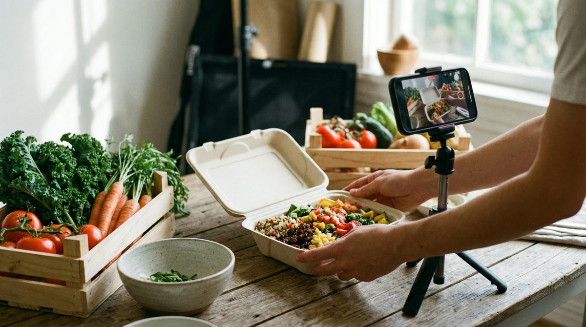 Nagrywanie telefonem otwierania pudełka z dietą pudełkową, przykład contentu UGC.