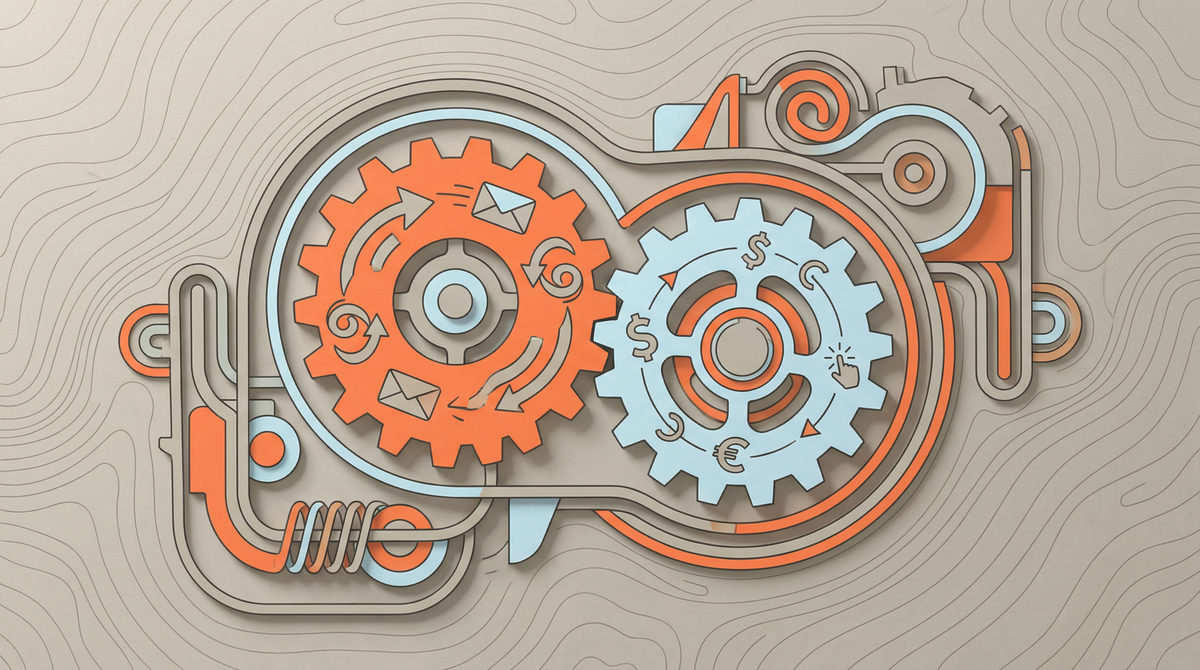 Ilustracja synergii między marketing automation a płatnymi kampaniami w formie współpracujących mechanizmów.