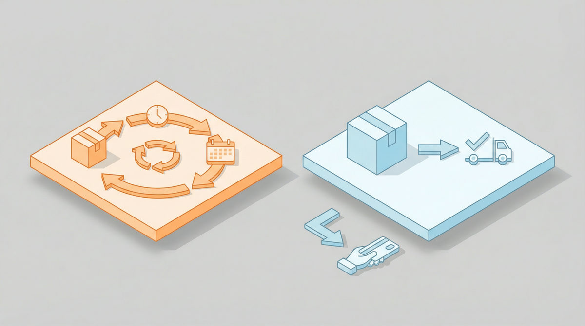 Wizualizacja cyklu subskrypcyjnego diety pudełkowej w porównaniu do jednorazowego zakupu.