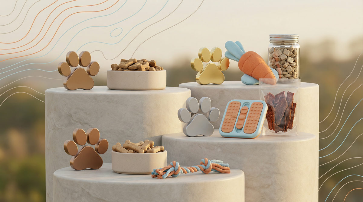 Wizualizacja poziomów programu lojalnościowego z nagrodami dla zwierząt na podium.