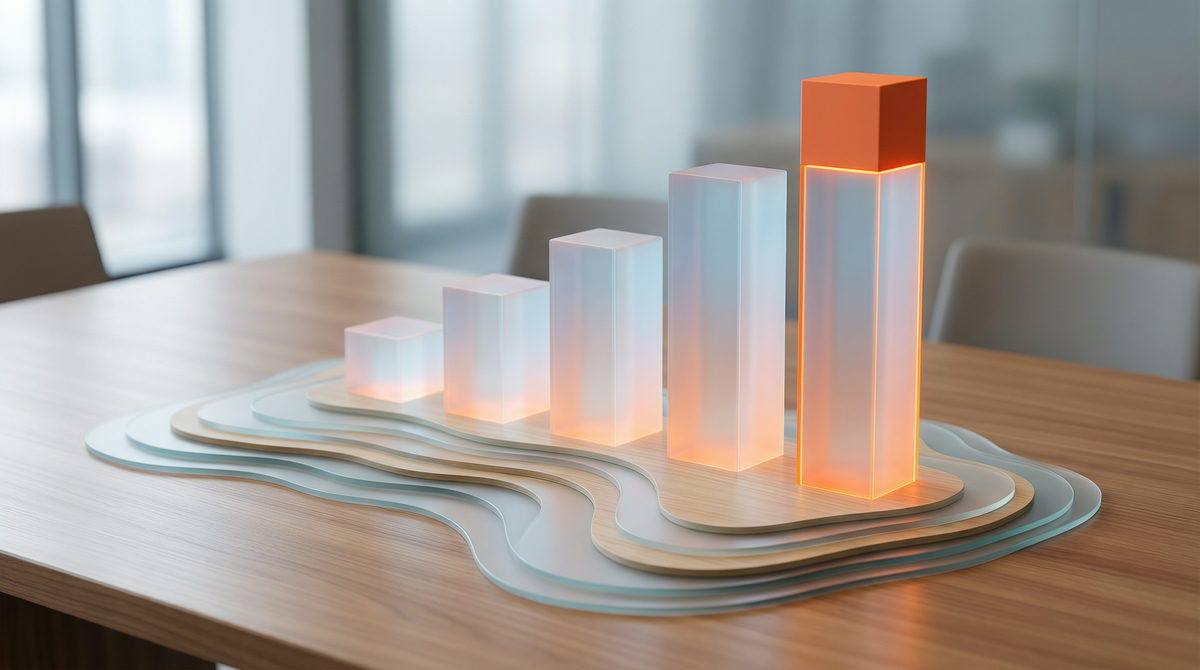 Wizualizacja danych pokazująca wzrost słupków konwersji, symbolizująca efektywność dowodu społecznego.