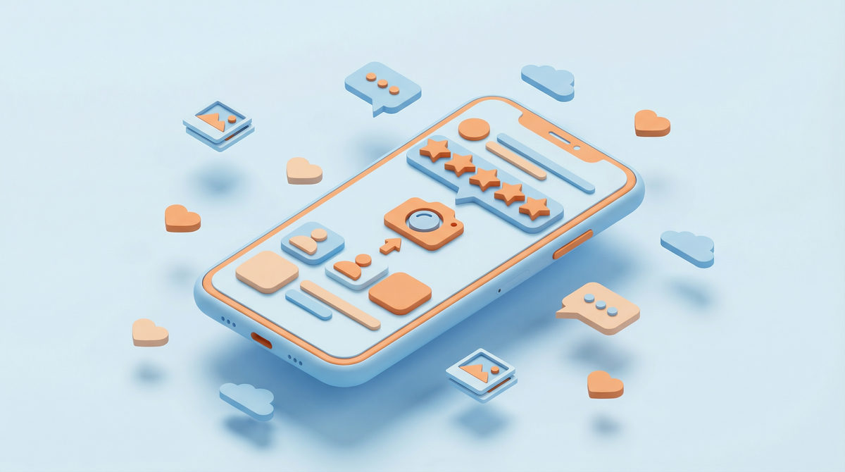 Izometryczna ilustracja smartfona wyświetlającego interfejs z gwiazdkami i opinią produktu w sklepie internetowym.