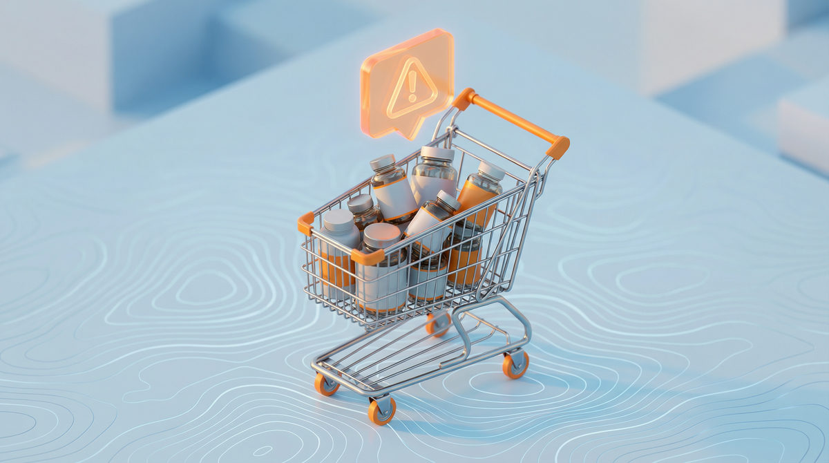 Ilustracja porzuconego koszyka z suplementami diety i powiadomieniem ostrzegawczym