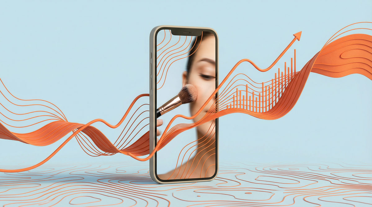 Ekran smartfona wyświetlający wideo beauty w otoczeniu rosnących wykresów danych marketingowych.