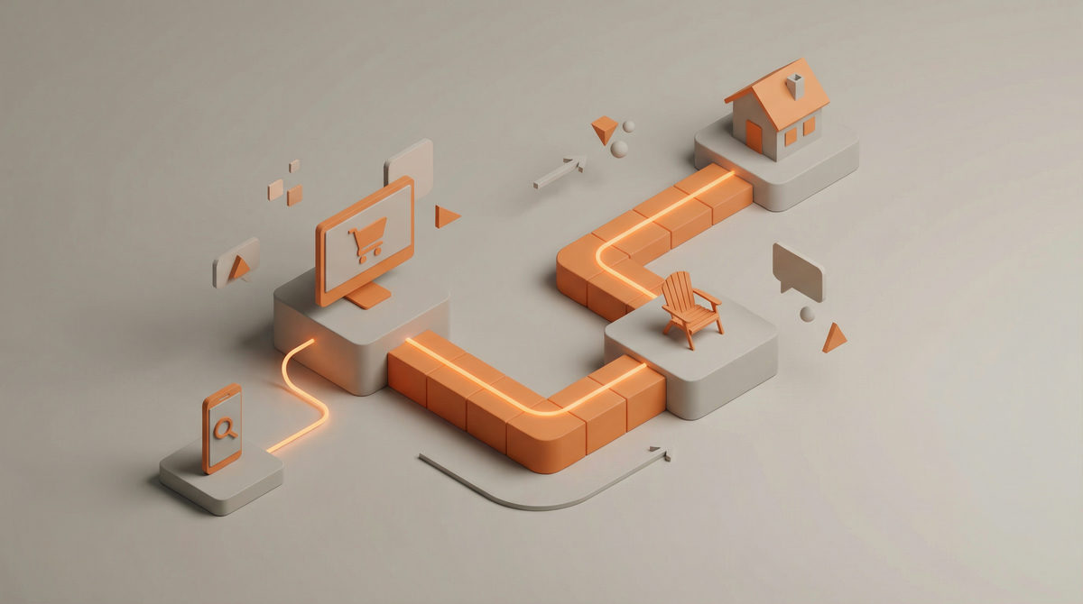 Izometryczna ilustracja wieloetapowej ścieżki zakupowej klienta kupującego meble ogrodowe