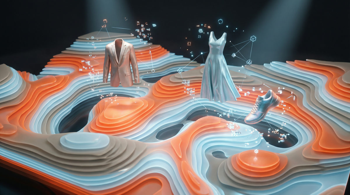 Futurystyczna koncepcja analityki predykcyjnej w modzie z lewitującymi elementami odzieży i punktami danych.