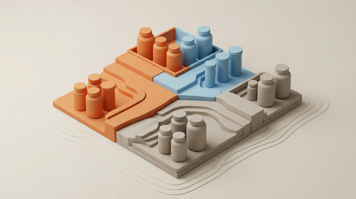 Wizualizacja segmentacji danych w e-commerce, pokazująca grupy suplementów podzielone na kategorie.