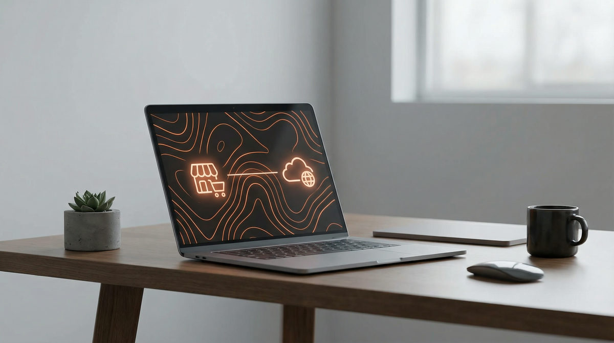 Laptop z widocznym panelem Shopify połączonym liniami z ikonami symbolizującymi usługi Google.