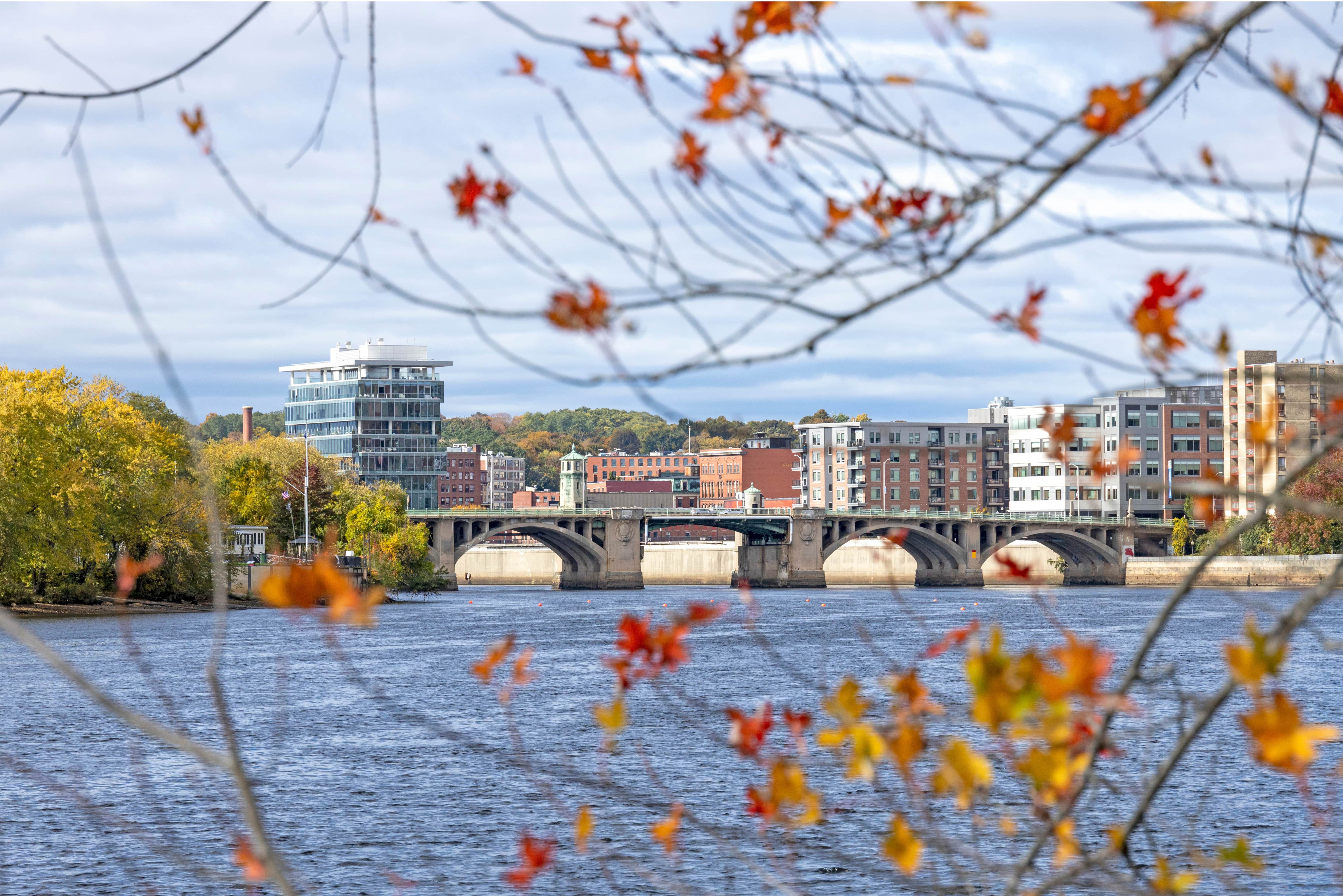 Haverhill, Massachusetts cityscape with suburban homes and wooded hills.