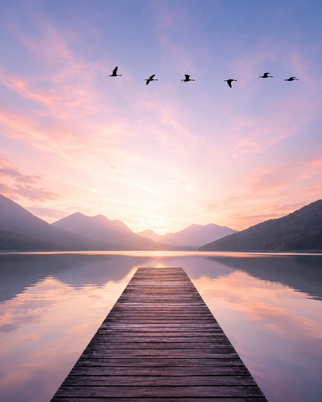 Peaceful lake and dock at sunset with birds flying, representing release and forward movement through EMDR therapy at CARE Counseling NH and MA