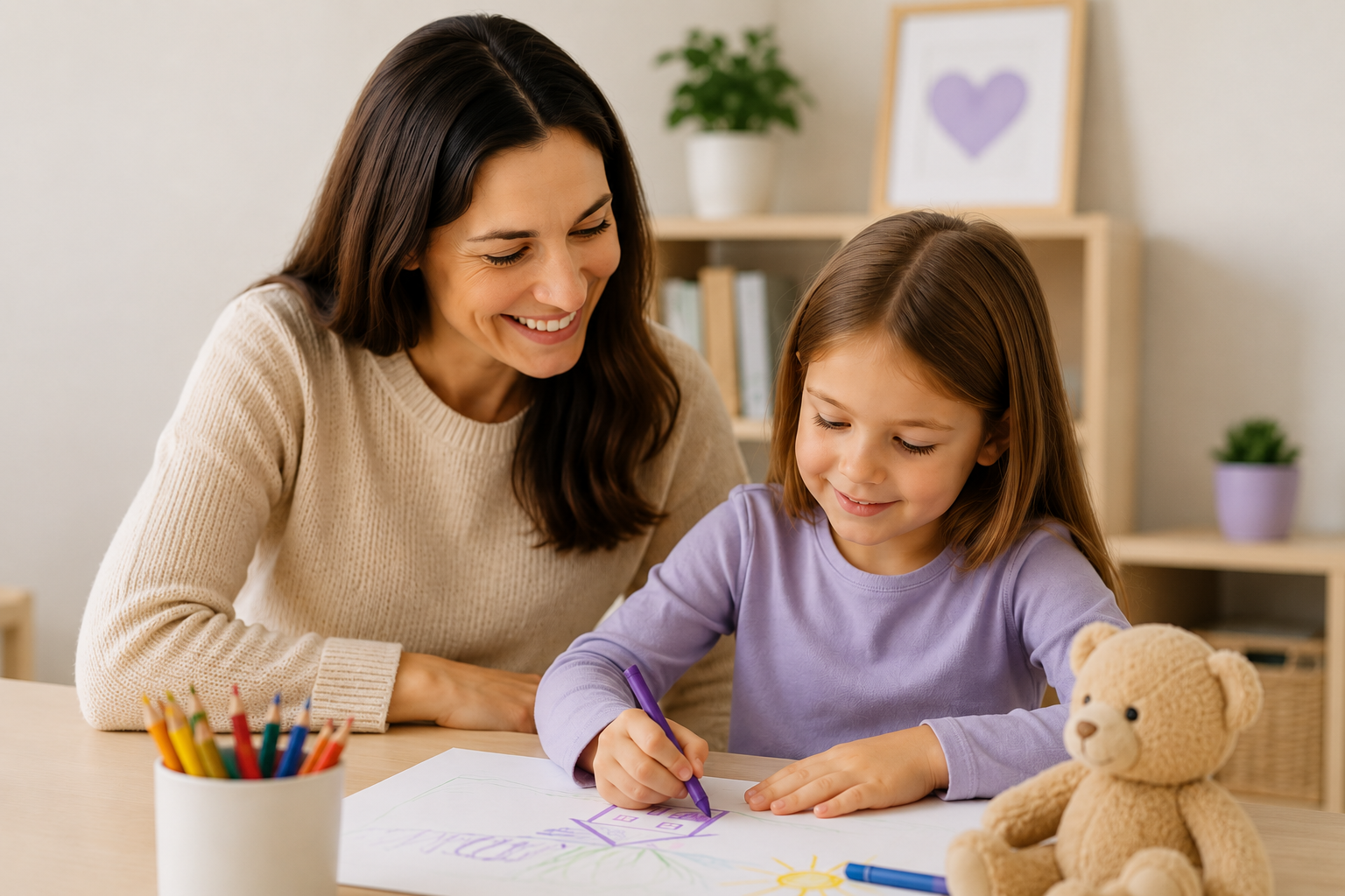 Parent and child drawing together, representing parent support in play therapy at CARE Counseling