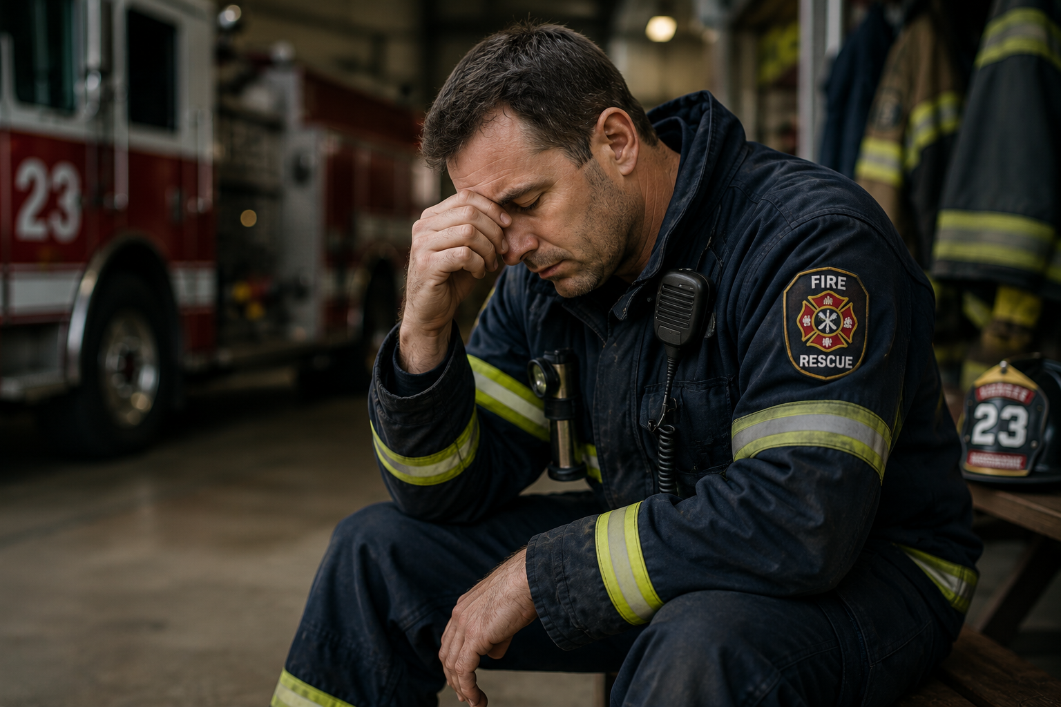 First responder taking a quiet moment, representing confidential first responder therapy at CARE Counseling in New Hampshire and Massachusetts