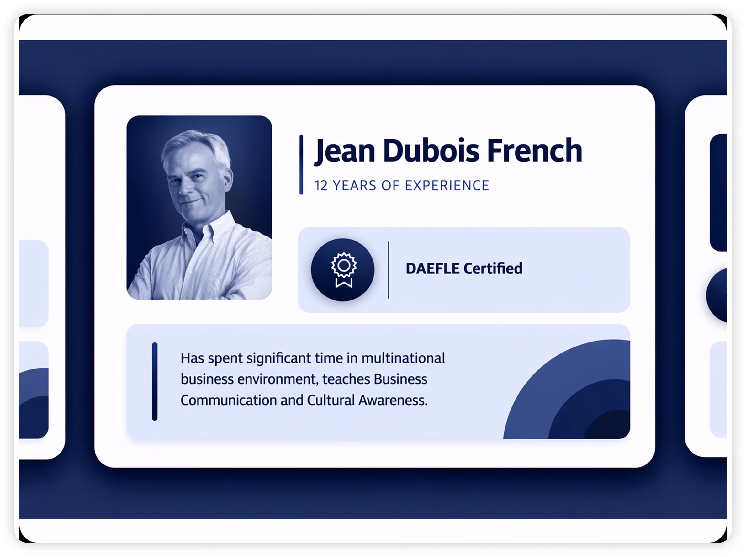 mYngle French coach profile showing 12 years of experience, DAEFLE certification, and multinational business communication expertise.