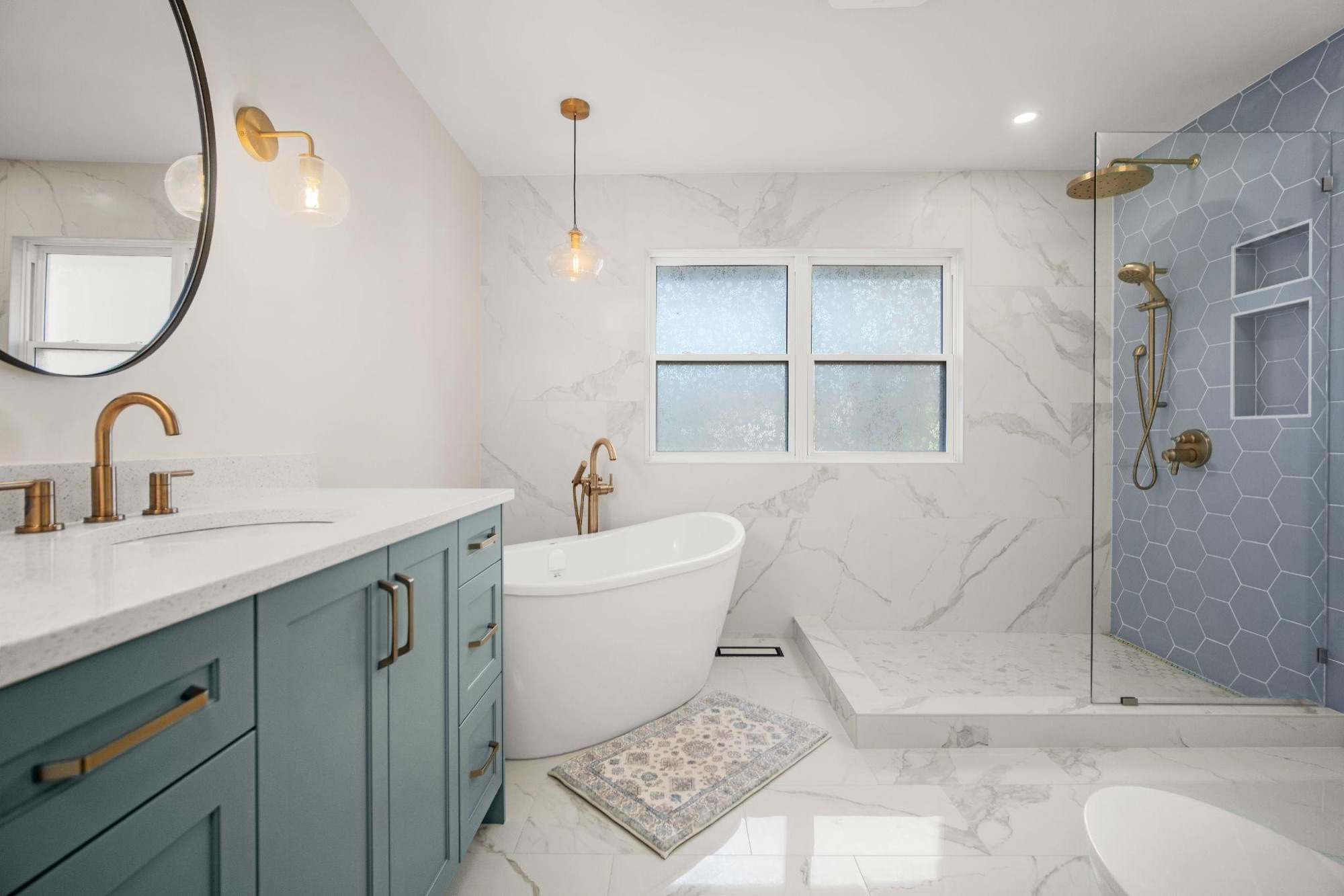 A small three-piece bathroom grown into a full primary suite with a walk-through closet.