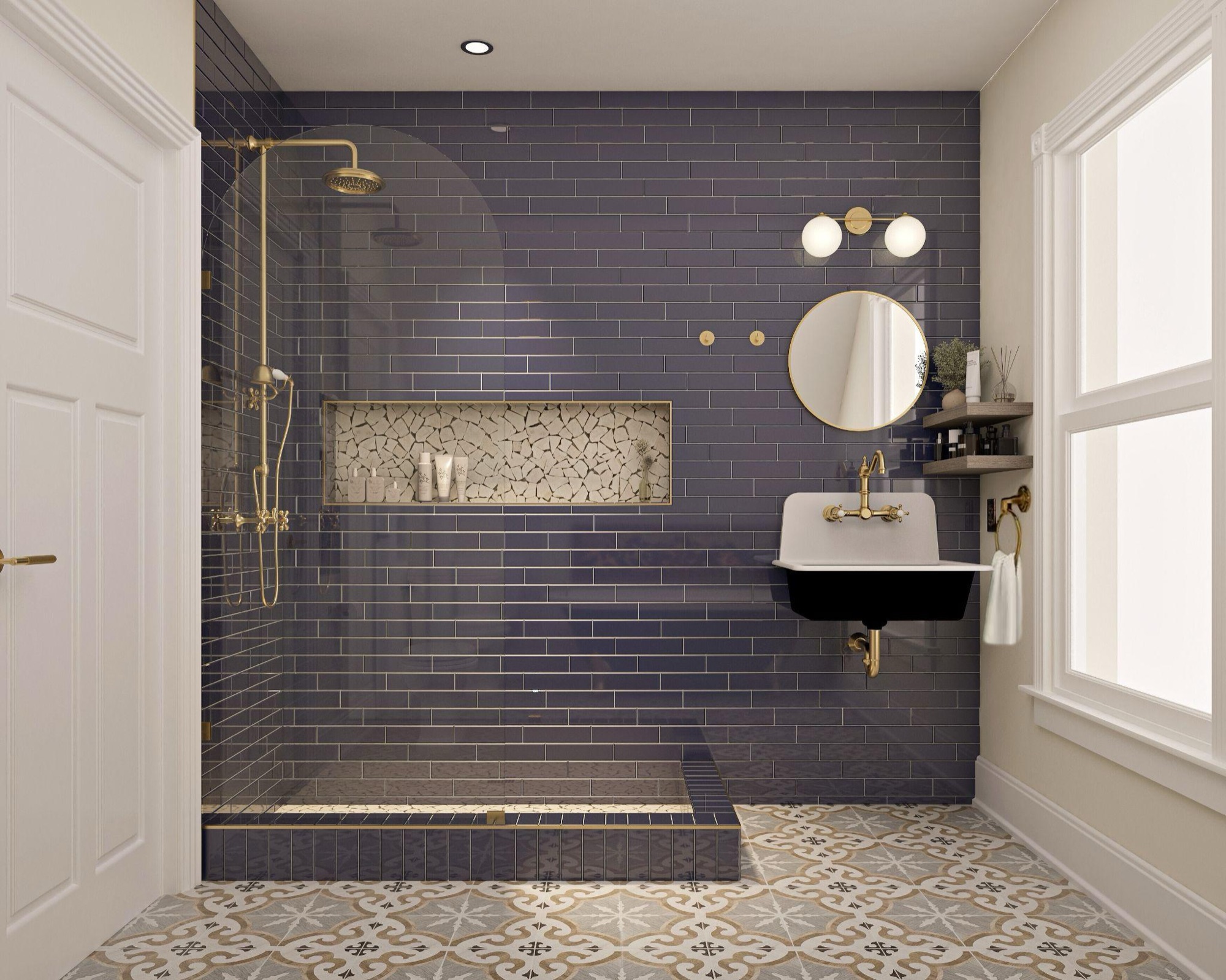 A cramped attic bathroom with awkward angled ceilings opened into a bright ensuite that keeps the home's character.