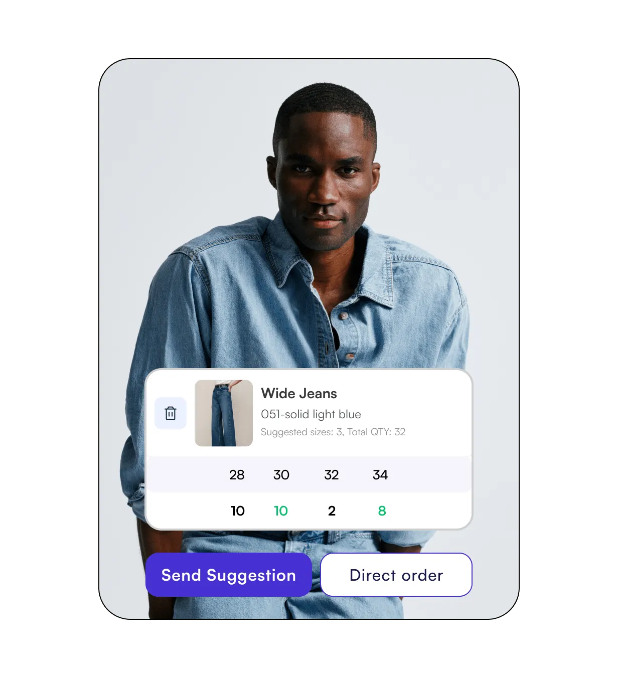 Portrait of a man wearing a light blue denim shirt with an overlaid user interface showing reorder suggestions for wide light blue jeans in sizes 28, 30, 32, and 34 with quantities, and buttons labeled Send Suggestion and Direct order.
