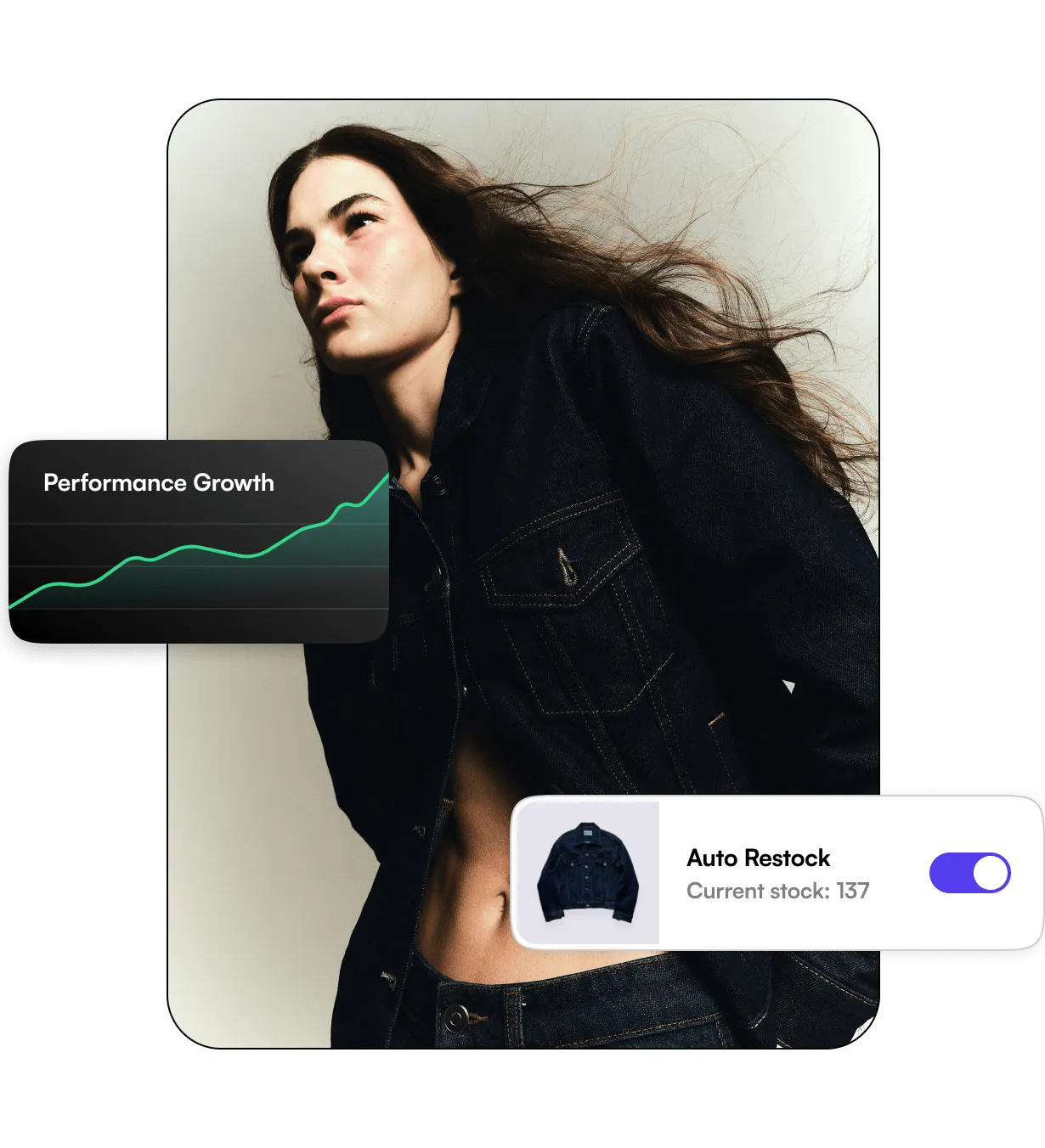 Woman wearing a dark denim jacket with a digital overlay showing performance growth graph and auto restock toggle for jacket stock at 137.